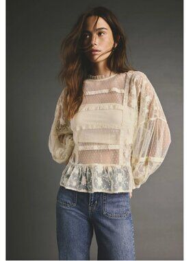 Ultra Pink Sheer Lace Peplum Blouse in Cream